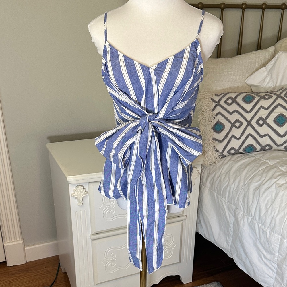 Garment Society Resortwear Summer Coastal Blue and White Striped Tie-Front Top